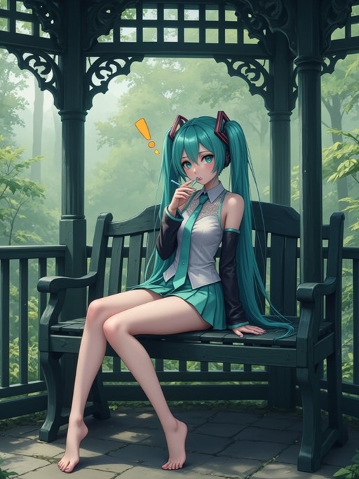 Hatsune Miku sitting barefoot on a park bench inside a gazebo, wearing her signature teal and white outfit with detached sleeves and holding a small object near her mouth.
