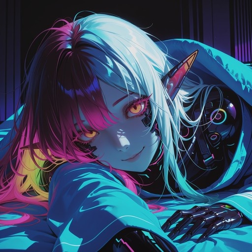 A cybernetic elf girl with white and pink hair lies on her stomach on a bed, looking at the viewer with yellow eyes and a mechanical hand visible in the foreground.