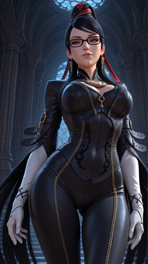 Bayonetta wearing a black bodysuit with gold chains and white gloves standing in a gothic hall.