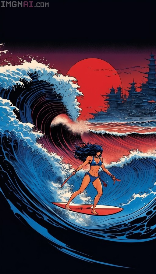 A horned woman in a blue bikini rides a massive wave while holding a sword, set against a giant red sun and silhouetted pagodas.