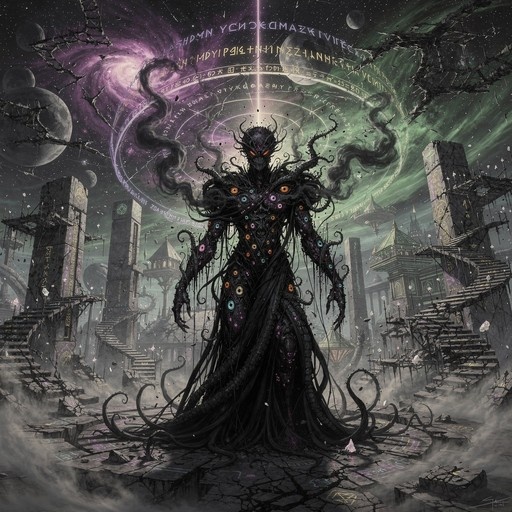 A tall black eldritch creature with many colorful eyes and tentacles stands on cracked stone stairs in a ruined alien city under a starry purple sky with a magic circle.
