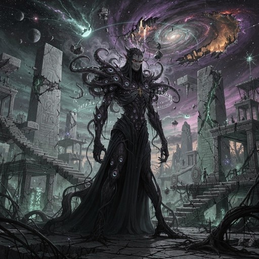 A dark eldritch monster with red eyes and tentacles stands in front of ancient ruins under a starry sky with planets and a galaxy.