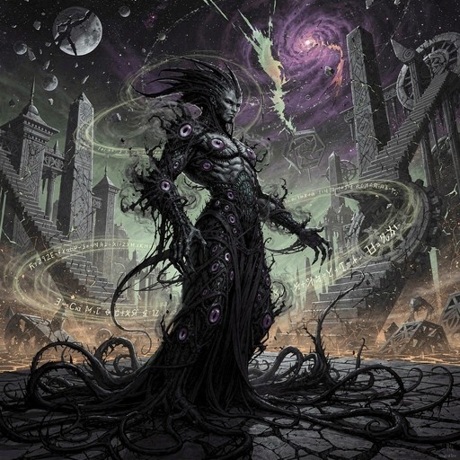 A tall, muscular eldritch abomination with dark skin and black hair stands in a ruined cityscape in space. The creature has multiple purple eyes on its body and tentacles at its feet, surrounded by swirling runes and floating debris under a starry sky with planets.