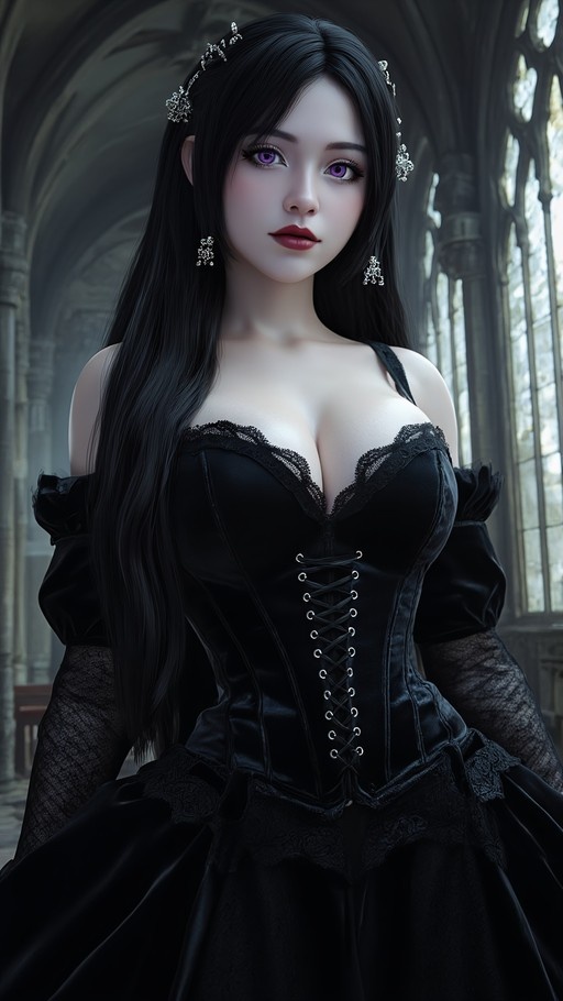 A pale-skinned woman with long black hair and purple eyes wearing a black lace-trimmed corset dress stands in a stone church interior.