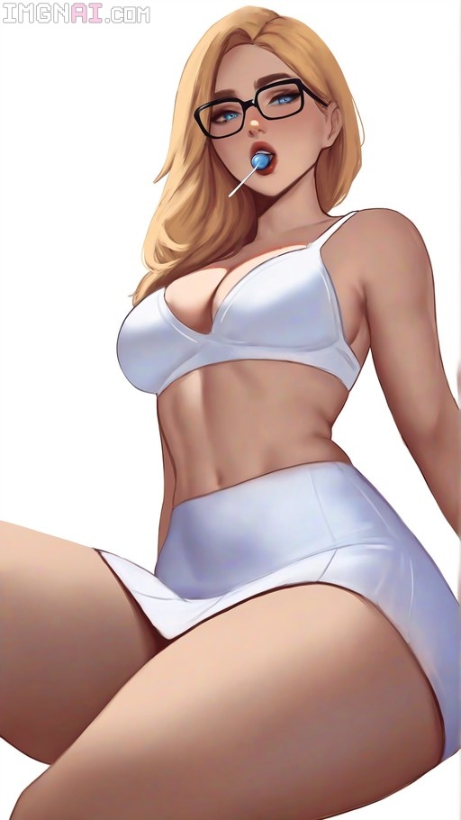 Hyperrealistic illustration of a blonde woman in glasses, a white bra, and a white skirt holding a blue lollipop.