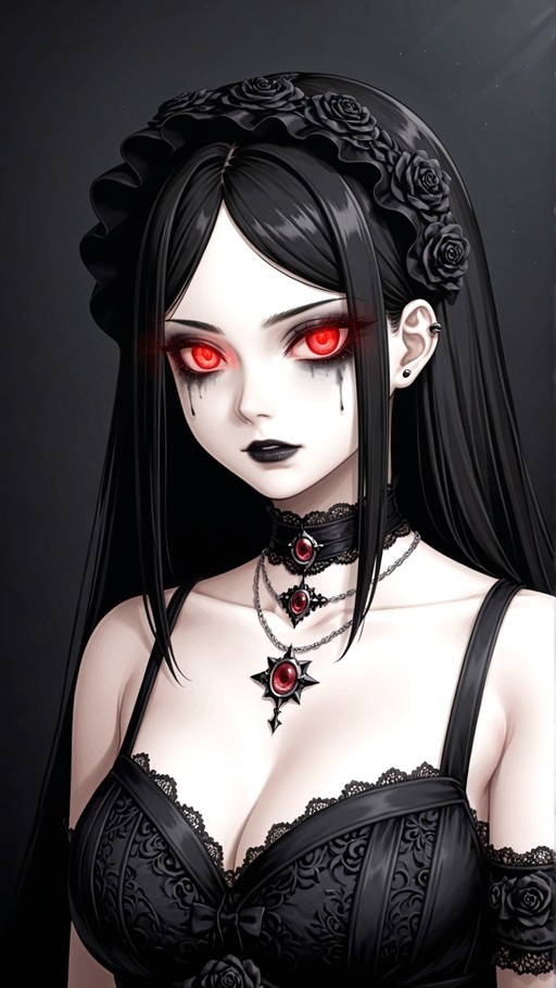 A digital illustration of a pale-skinned gothic girl with long black hair and glowing red eyes, wearing a black lace dress adorned with roses and layered necklaces with red gems.