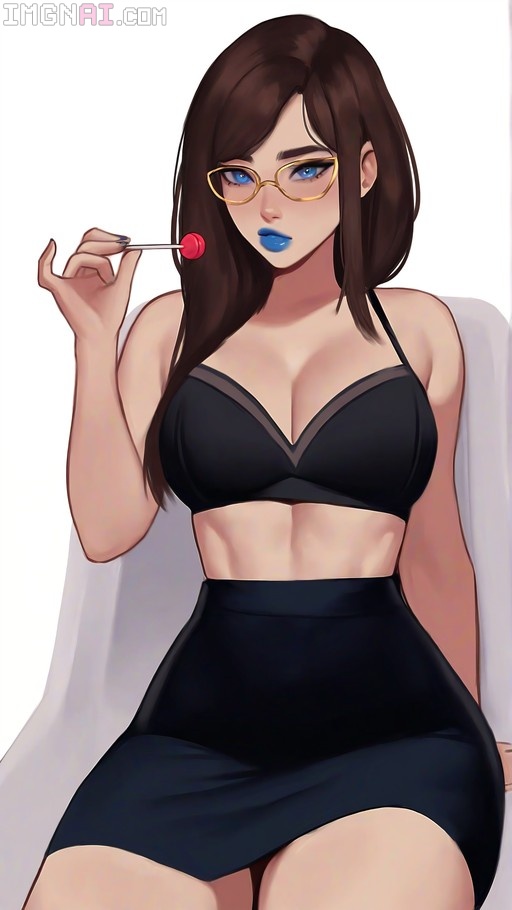 A digital illustration of a brown-haired woman with blue lips and gold glasses wearing a black bra and high-waisted skirt while holding a red lollipop.