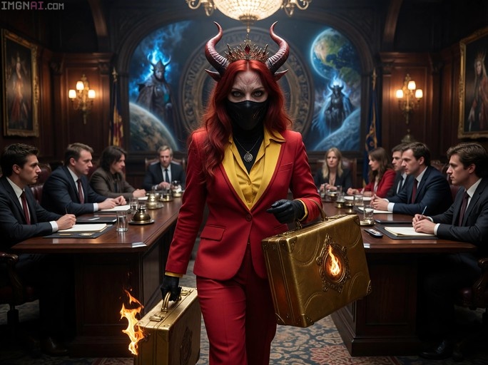 A red-haired demon woman with horns and a black mask wearing a red suit carries two golden briefcases in a formal meeting room while people in suits watch.
