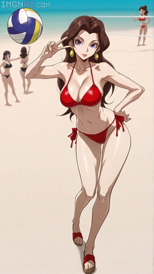 Pauline from Mario wearing a red bikini and gold earrings poses with a peace sign next to a volleyball on a sunny beach court.