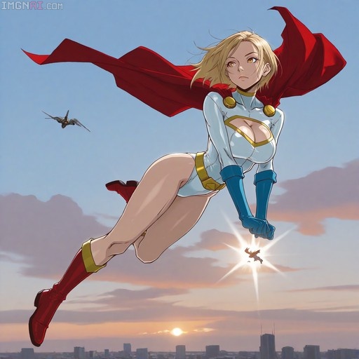 Powergirl in a white leotard and red cape flying through a sunset sky above a city.