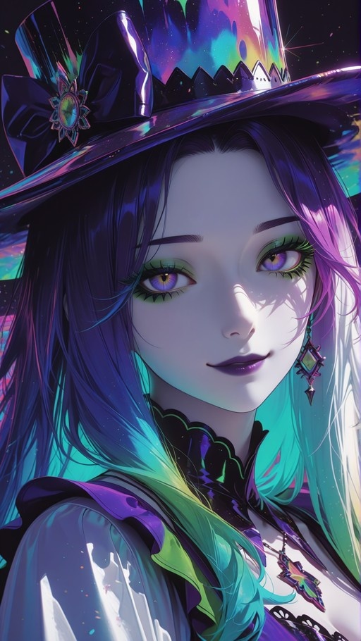 Close-up portrait of an anime-style girl with long gradient purple-to-teal hair, wearing a large iridescent top hat, green eyeshadow, and purple lips.