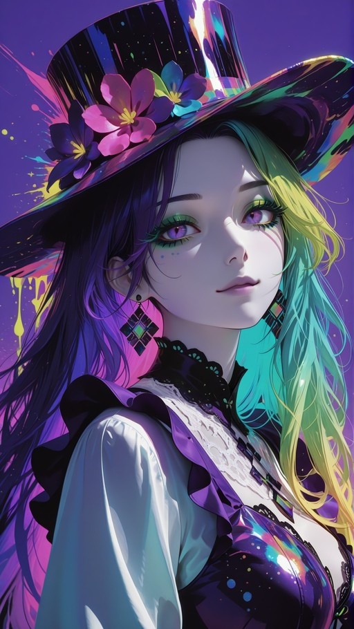 Anime-style girl with long purple and green gradient hair wearing a shiny multicolored top hat adorned with pink and blue flowers.