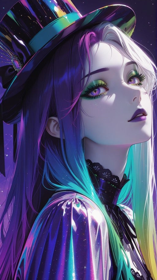 A digital illustration of an anime-style girl with long gradient hair in purple and teal, wearing a shiny iridescent top hat and bold green eyeshadow.