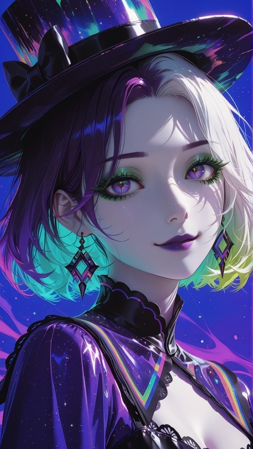 A close-up portrait of an anime-style woman with short, multi-colored hair in shades of purple and teal. She wears a large, shiny top hat featuring a galaxy design and large diamond-shaped earrings. Her outfit is a glossy, iridescent purple jacket reflecting rainbow light against a blue background.