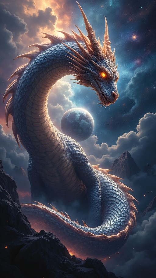 A large blue dragon with orange spines and glowing eyes coils through a cloudy night sky near a planet.