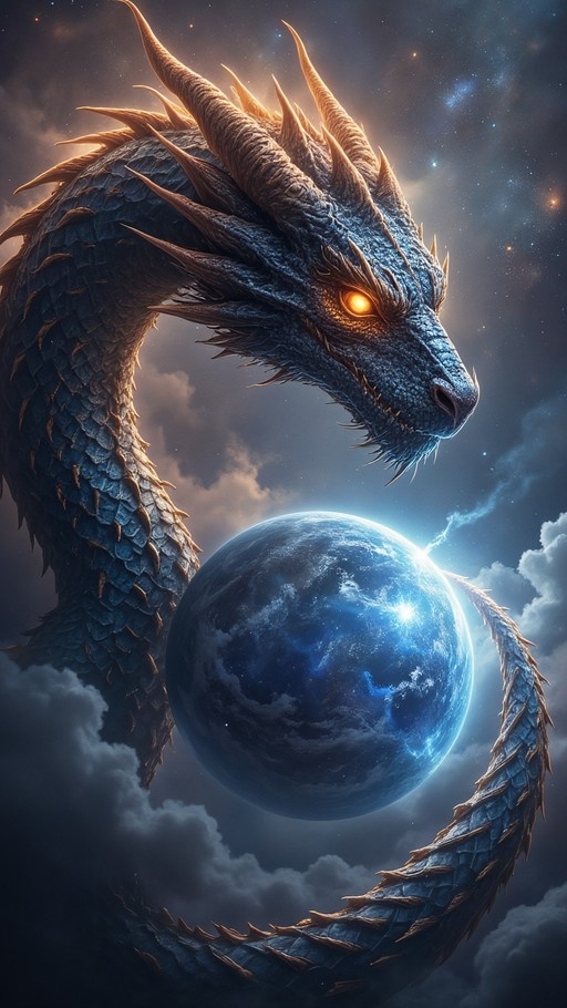 A massive blue dragon with golden horns and glowing yellow eyes coils around a vibrant blue planet in a starry sky filled with clouds.