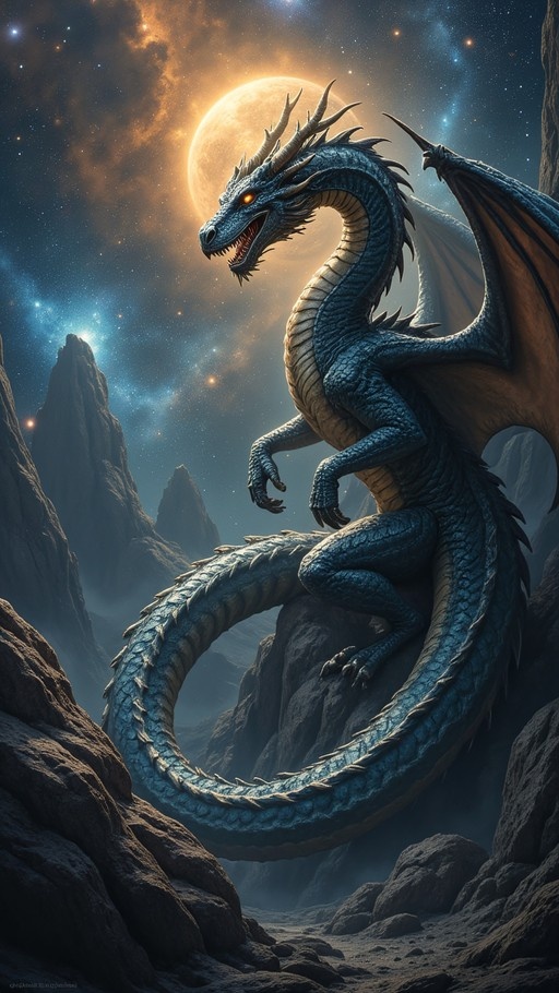 A blue western dragon with glowing orange eyes and horns perches on a rocky cliff against a starry night sky with a large moon.