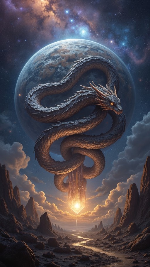 A massive serpentine dragon with glowing orange eyes coils around a large planet in a starry sky, its tail descending as a pillar of light over a rocky fantasy valley with a winding river.