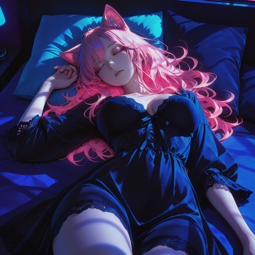 An anime-style girl with long pink hair and cat ears sleeps on a bed with blue pillows, wearing a black lace-trimmed nightgown under moody blue lighting.