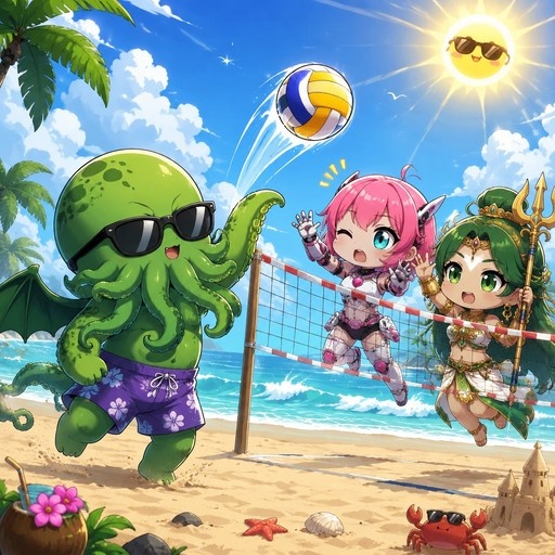 A chibi-style illustration of a green octopus wearing sunglasses and purple shorts playing beach volleyball with two anime girls on a sunny beach.
