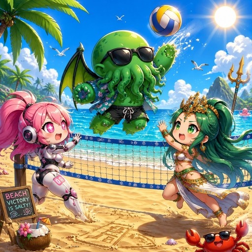 A chibi-style digital illustration of a pink-haired girl with headphones and a green-haired princess playing beach volleyball against a large winged octopus on a sunny beach with a crab watching.