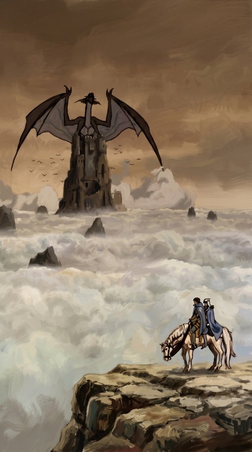 Two figures on a white horse ride along a cliff overlooking a sea of clouds, watching a large dragon perched on a distant tower.