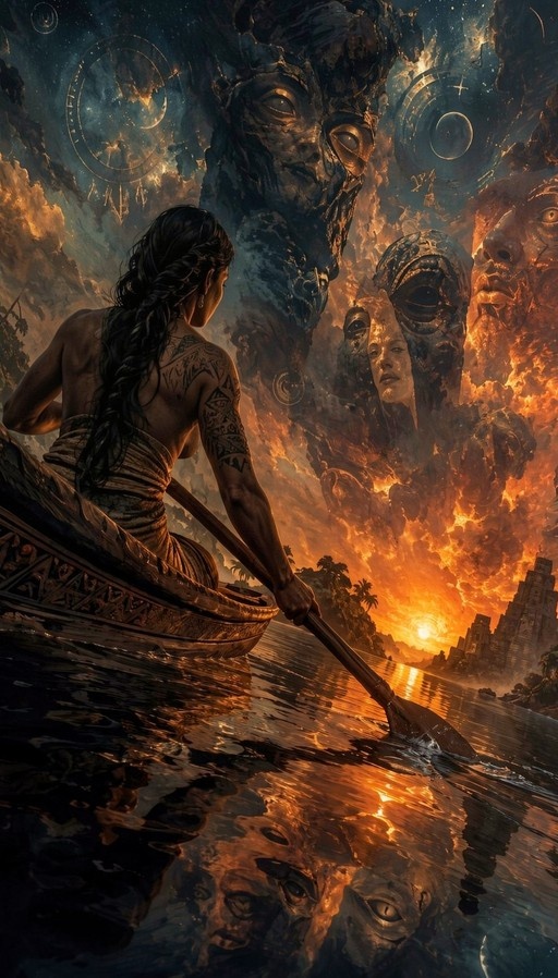 A tattooed woman with long dark hair paddles a wooden boat on reflective water, facing giant stone faces rising from a fiery sunset sky near ancient ruins.