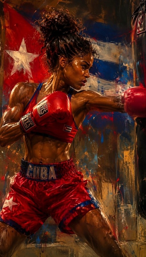 A muscular dark-skinned woman in red boxing gear punches a heavy bag against a backdrop of a painted Cuban flag.