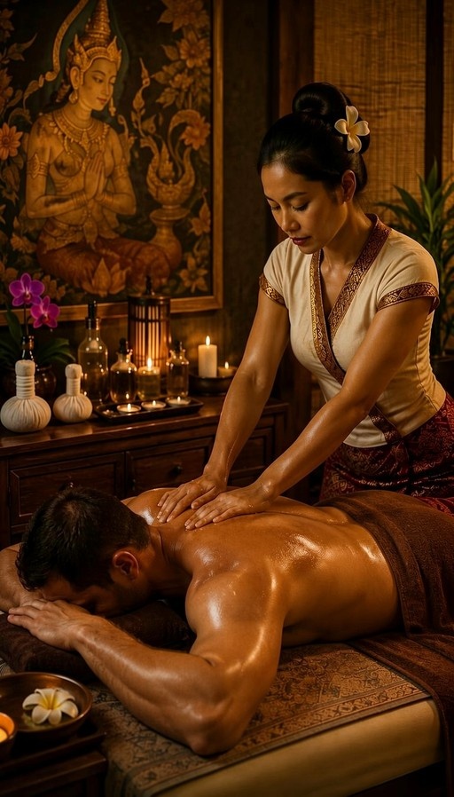 A woman in traditional Thai clothing massages the back of a shirtless man lying on a table surrounded by candles and spa supplies.