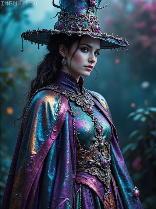 A woman with long dark hair and blue eyes wearing an elaborate jeweled witch hat and an iridescent purple and teal fantasy robe in a forest setting.