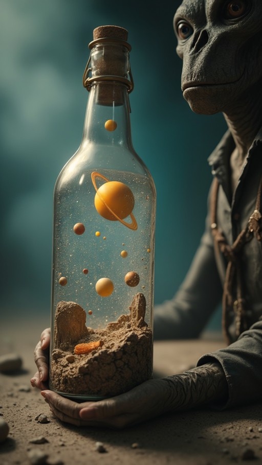 A grey alien creature holds a glass bottle containing a miniature solar system with a ringed planet and sand.