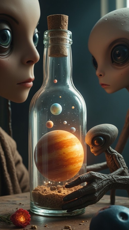 Two large-headed alien figures and a smaller one look closely at a glass bottle containing a floating miniature solar system with planets and stars.