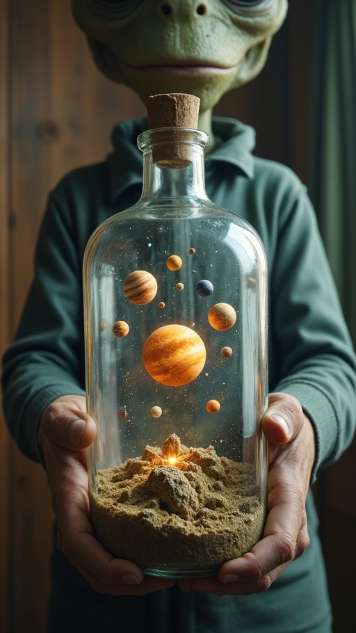 A green-skinned alien in a hoodie holds a glass bottle containing a floating miniature solar system with colorful planets and stardust above a sandy base.