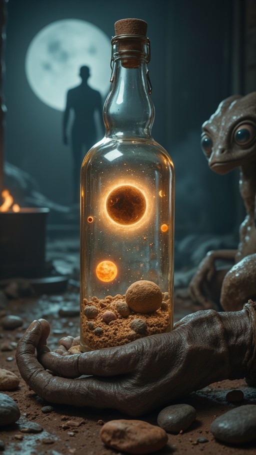 A close-up of a wrinkled alien hand holding a corked glass bottle filled with sand and glowing orange planets, set against a dark background featuring a large full moon and a human silhouette.