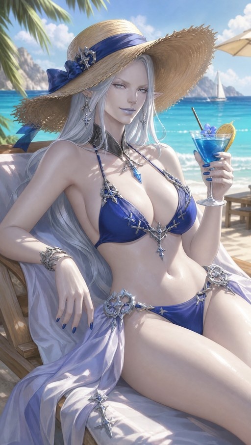 Ysayle Dangoulain from Final Fantasy XIV sitting on a beach chair wearing a blue bikini and straw hat, holding a blue cocktail with a lemon slice.