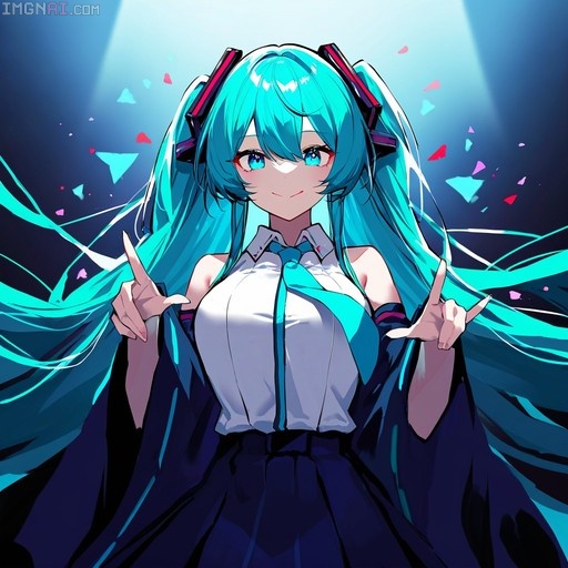 Hatsune Miku with long teal twin-tails pointing finger guns at the viewer under spotlights.
