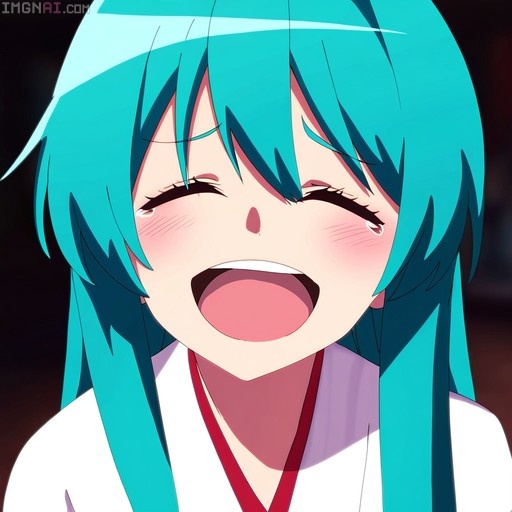 A close-up portrait of Hatsune Miku with long teal hair wearing a white kimono, her eyes closed and mouth open in an expression of joyful tears.