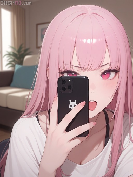 Mori Calliope with long pink hair taking a playful selfie with her tongue out while holding a black phone.