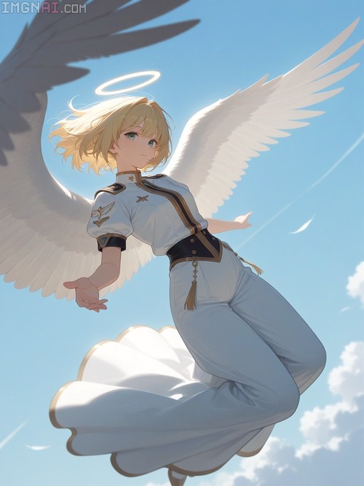 Blonde anime girl with white wings and halo floating in blue sky wearing white uniform