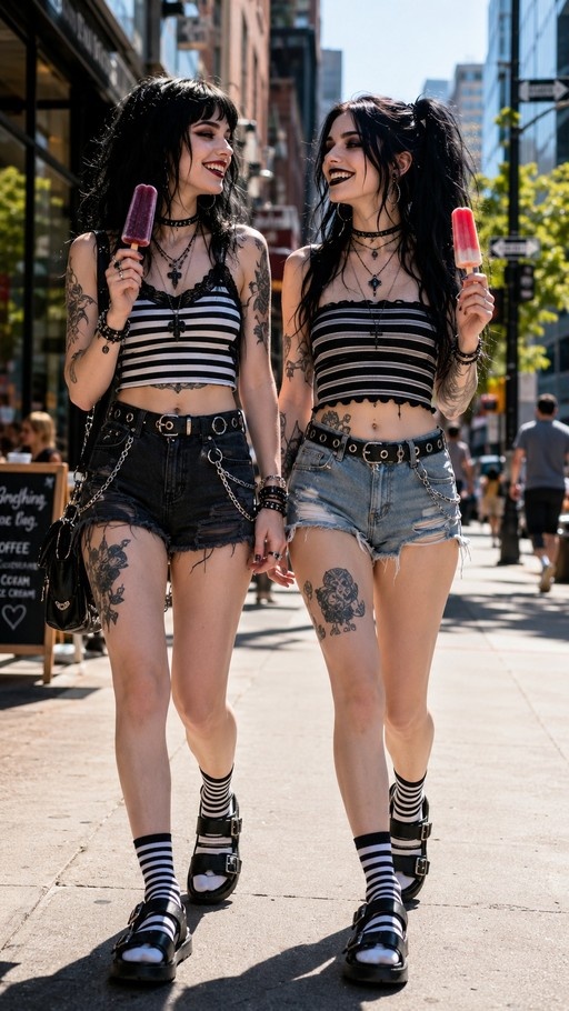 Two smiling young women with tattoos and dark hair wearing matching striped crop tops and denim shorts hold popsicles while walking hand-in-hand down a sunny city street.