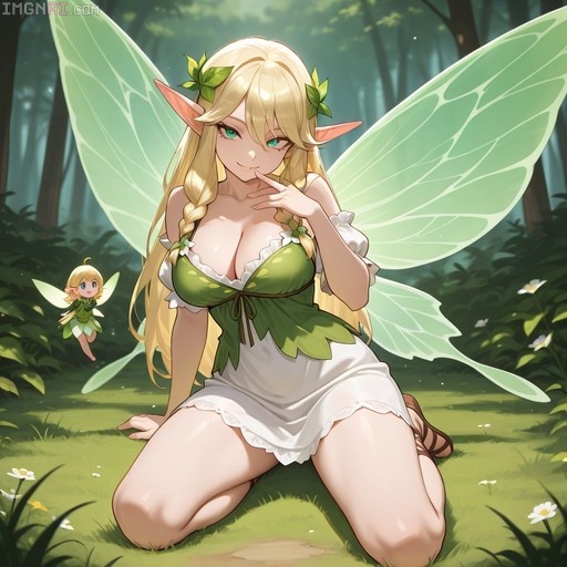 A blonde anime-style fairy with pointy ears and large translucent green wings kneels on a grassy forest floor, wearing a green leaf top and white skirt while smiling at the viewer.