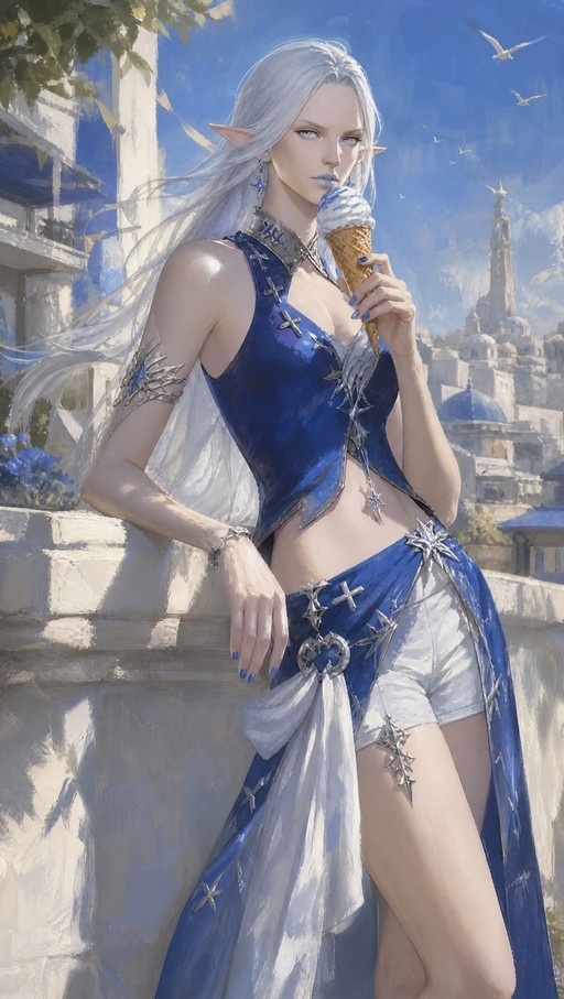 A digital illustration of the Final Fantasy XIV character Ysayle, an elf with long white hair and pointed ears, wearing a blue outfit and holding an ice cream cone in a sunny outdoor setting.