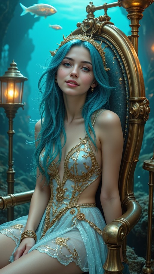 A blue-haired woman in a golden crown and light blue gown sits on an ornate gold throne underwater with fish swimming nearby.
