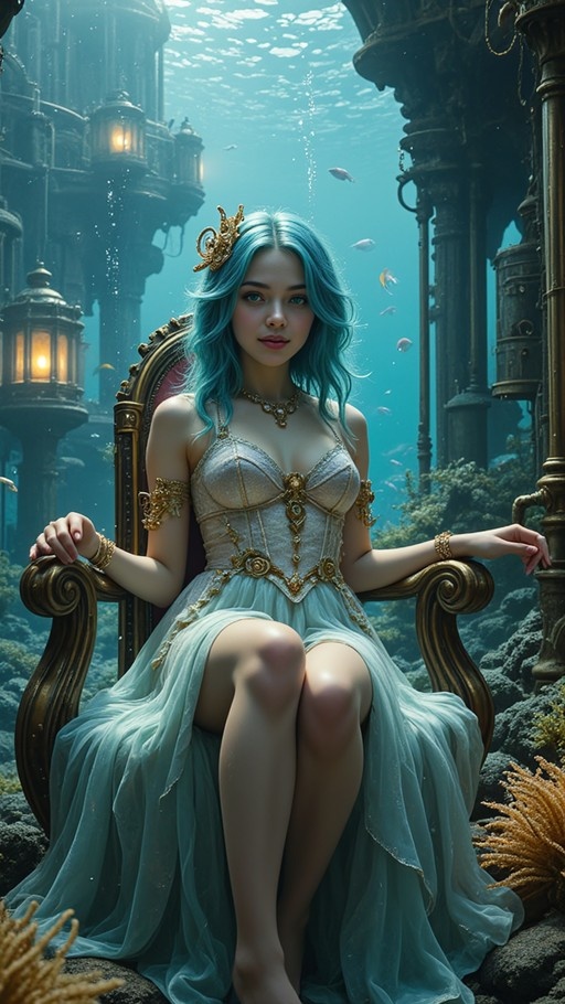 A blue-haired woman in a white gown and gold jewelry sits on an ornate throne underwater amidst stone ruins and swimming fish.