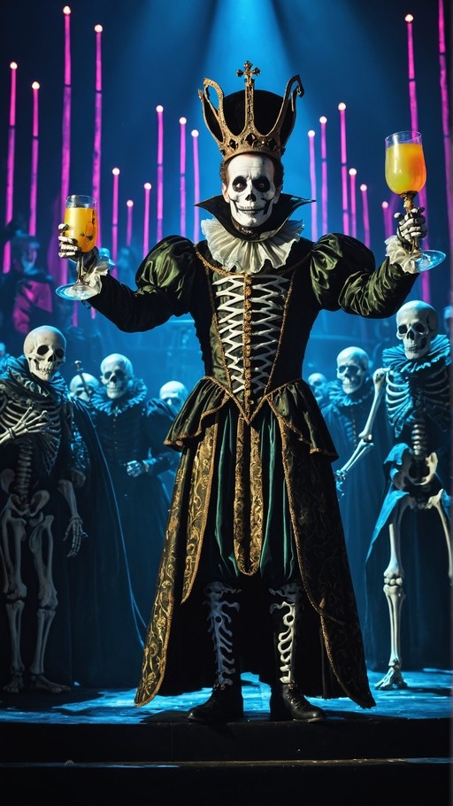A full-body shot of a skeleton king wearing a crown and green doublet holding two glasses of orange drink on a blue-lit stage with other skeletons in the background.