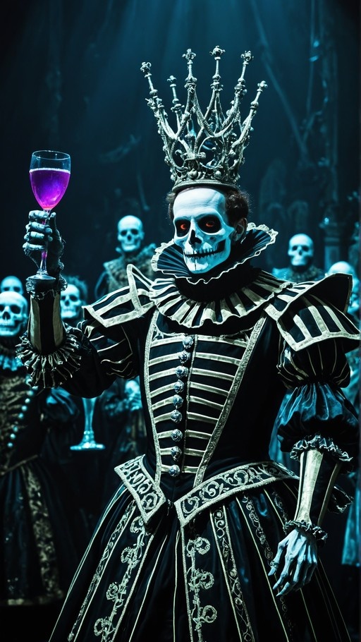 A skeletal king wearing a crown and black and gold armor holds up a wine glass with purple drink against a dark blue background.