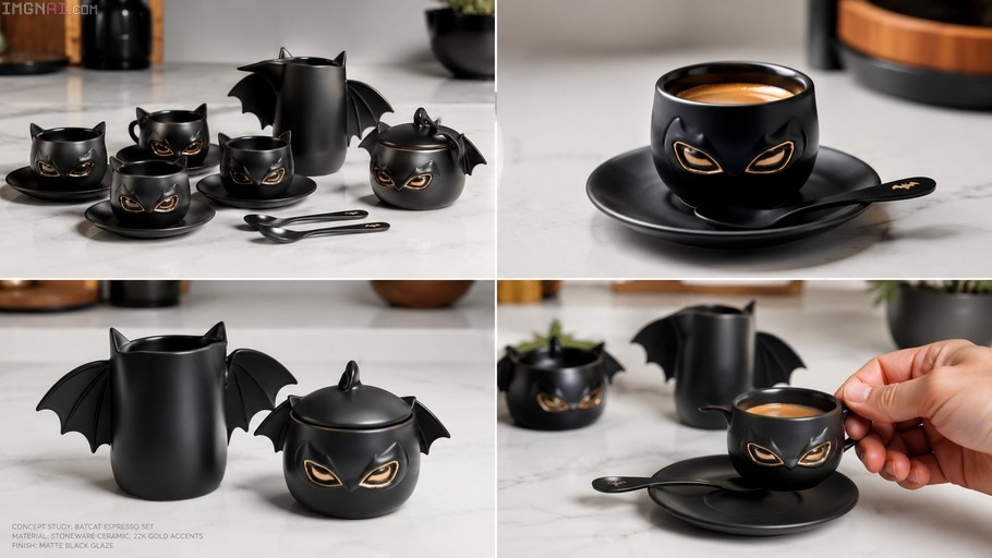 A collage showing a matte black Batcat espresso set with gold accents, including cups, a milk pitcher, and a sugar bowl featuring bat wings and cat eyes.