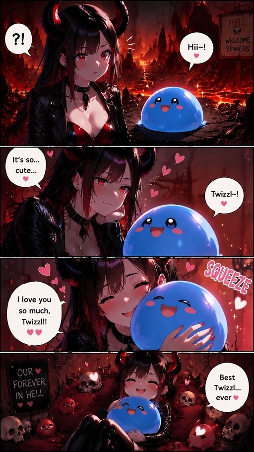 A four-panel comic showing a horned demon girl with black hair and a leather jacket meeting a blue slime named Twizzl in Hell, ending with her happily hugging the creature among skulls.