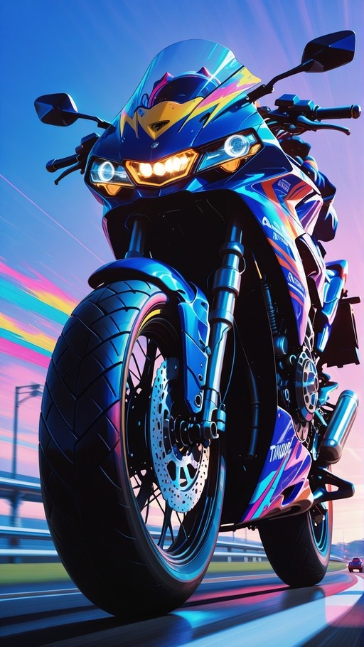 A close-up digital illustration of a blue and yellow Yamaha sportbike speeding down a road with colorful motion blur effects.