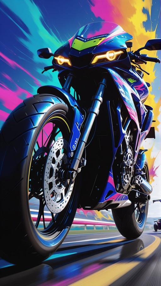 Low-angle shot of a futuristic blue sportbike racing on a track with vibrant pink and yellow motion blur.